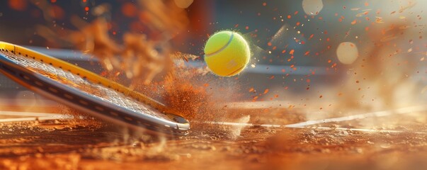 Dynamic Tennis Racquet Hitting Ball with Force on Clay Court, Capturing Sport's Action and Energy
