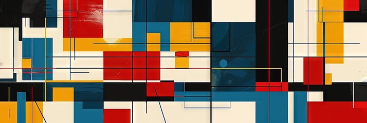 A bold and colorful background with geometric shapes in red, blue, yellow, and black, 