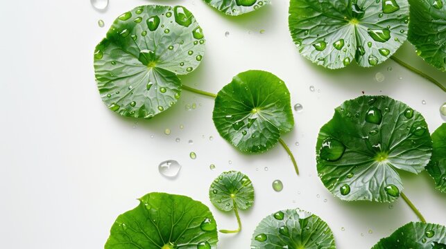 Close-up of centella asiatica leaves with raindrops on white background