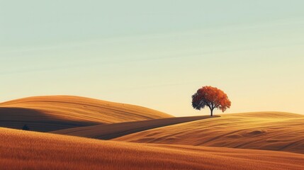 Obraz premium Peaceful countryside with gently sloping fields and solitary trees