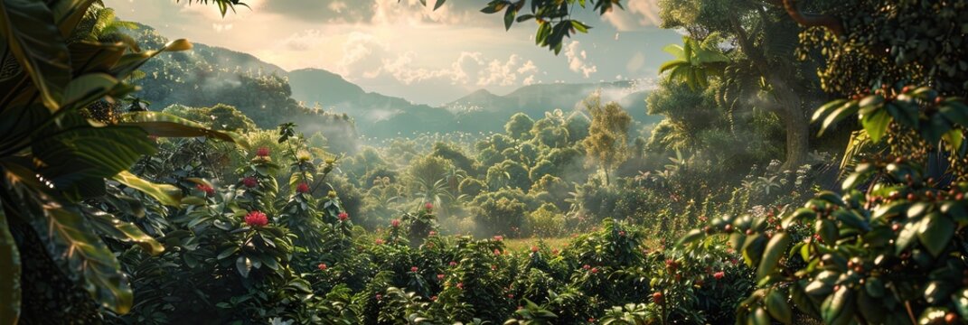 coffee field farm on the edge of a brazilian jungle surrounded with lucious plants, vines, flowers,