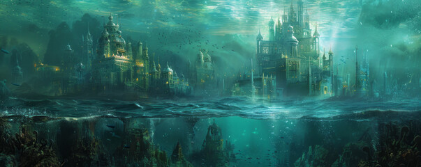 Fototapeta premium Beneath the waves, a hidden city lies, its spires rising from the ocean floor like a shimmering mirage.
