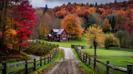 Fototapeta premium A red house with a red roof sits in a rural area with a road leading to it. The road is surrounded by trees and the leaves are changing colors, giving the scene a warm and cozy atmosphere