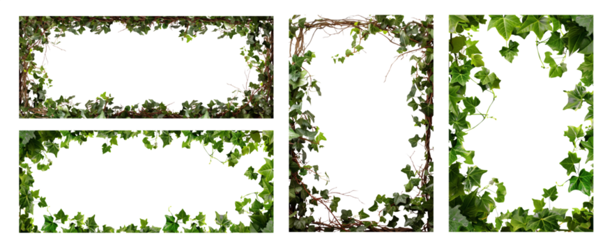 Intricate floral frame set. Ivy, vines, leaves, branches. Pen tool cutout. Transparent background PNG. Frame, border. 