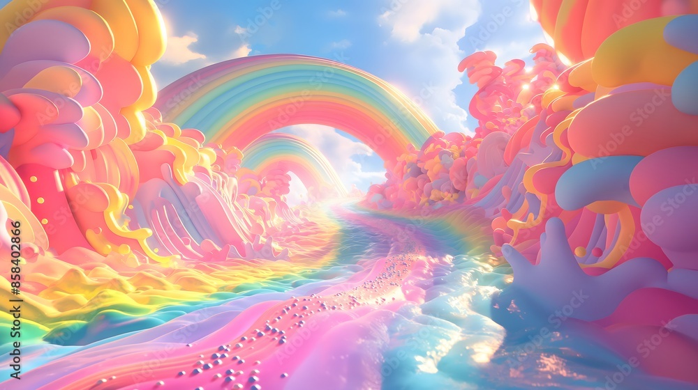 Poster 2. **prompt 2:** illustrate an enchanting 3d scene capturing a whimsical journey through a vibrant r