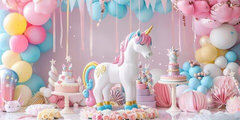 A first birthday background The whole scene is decorated for a unicorn themed party
