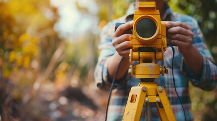 Obraz premium A close-up image of the hands of a young Asian construction worker holding a surveyor tool with precision, with space around for adding text or graphics related to land surveying techniques