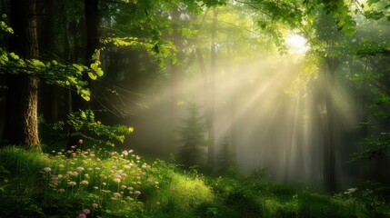 A forest with a bright sun shining through the trees. The sun is casting a warm glow on the grass and flowers. The scene is peaceful and serene, with the sunlight creating a beautiful