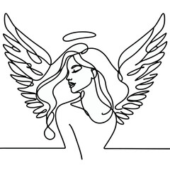 line art drawing of woman angel with wings, line art of an ange