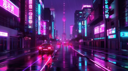 A neon city street with a car driving down it. The neon lights and the car create a futuristic and exciting atmosphere