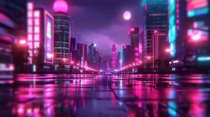 A cityscape with neon lights and a large tower in the background. The city appears to be in a futuristic setting