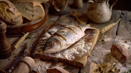 A wooden cutting board covered in sliced bread and a fresh fish