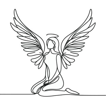 line art drawing of woman angel with wings, line art of an ange
