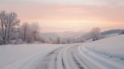A road with snow on it and a beautiful sunset in the background. The road is empty and quiet, with no cars or people in sight