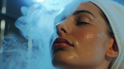 A close-up shot of a woman with a towel wrapped around her head, possibly to cover hair or for privacy
