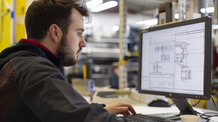 Industrial engineer uses CAD software to design technical drawings in an engineering facility.