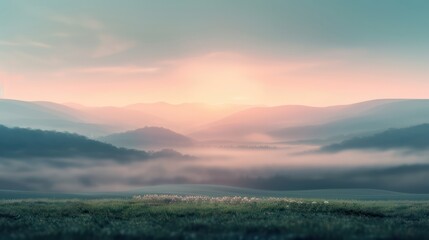 Fototapeta premium A beautiful mountain range with a sun setting in the background. The sky is a mix of pink and blue hues, creating a serene and peaceful atmosphere. The mountains are covered in trees