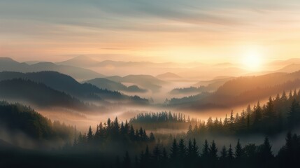 Fototapeta premium A mountain range with a foggy mist and a sun setting in the background. The sun is setting behind the mountains, casting a warm glow over the landscape. The mist adds a sense of mystery