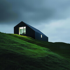 Obraz premium A black Scandinavian-style house on a green field against a sky with clouds