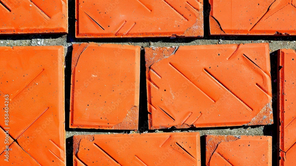 Poster an image of a collection of orange brick tiles resting atop a grey concrete surface adjacent to a wh