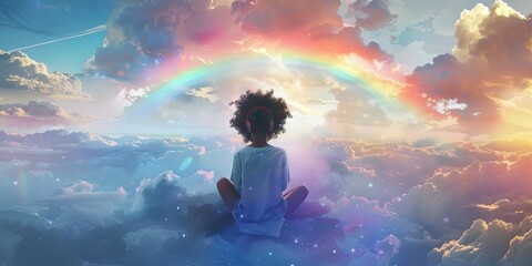 Fototapeta premium young black girl with an afro listening to headphones while sitting on a cloud with rainbows