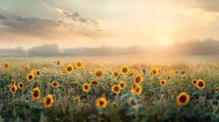 A field of sunflowers is in full bloom, with the sun shining brightly in the background. The scene is peaceful and serene, with the sunflowers stretching out in all directions