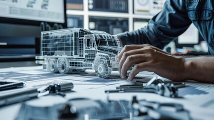 A close-up of an engineer's hands working on a detailed 3D model of a truck concept, with ample copy space for customization