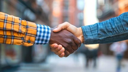 A close-up of two hands shaking, with one hand wearing a business suit and the other a casual outfit, highlighting professional and casual interaction