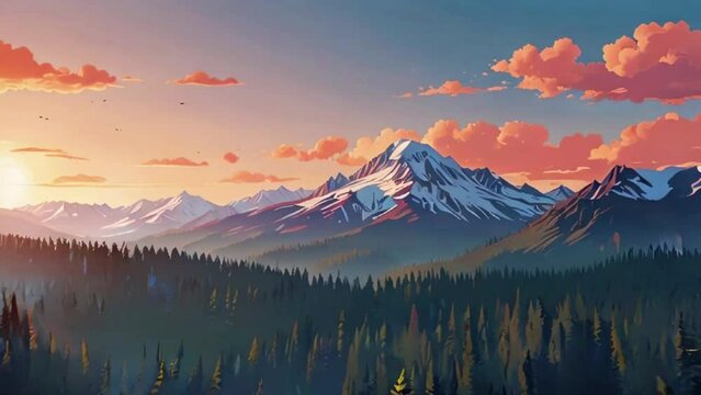 Animated cartoon background. Looped animation of mountain landscape with pine trees. Flat footage with parallax effect. side view