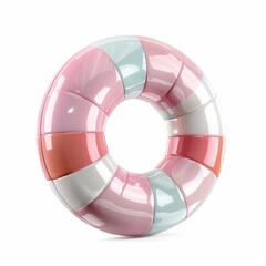 Obraz premium A pink and white striped inflatable pool toy. The toy is made up of many different colored pieces, and it looks like it's floating on water