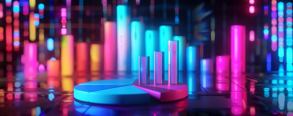 Modern digital business sales report with neon color pie chart and bar graph analysis.