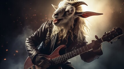 A goat in a rock star outfit playing an electric guitar