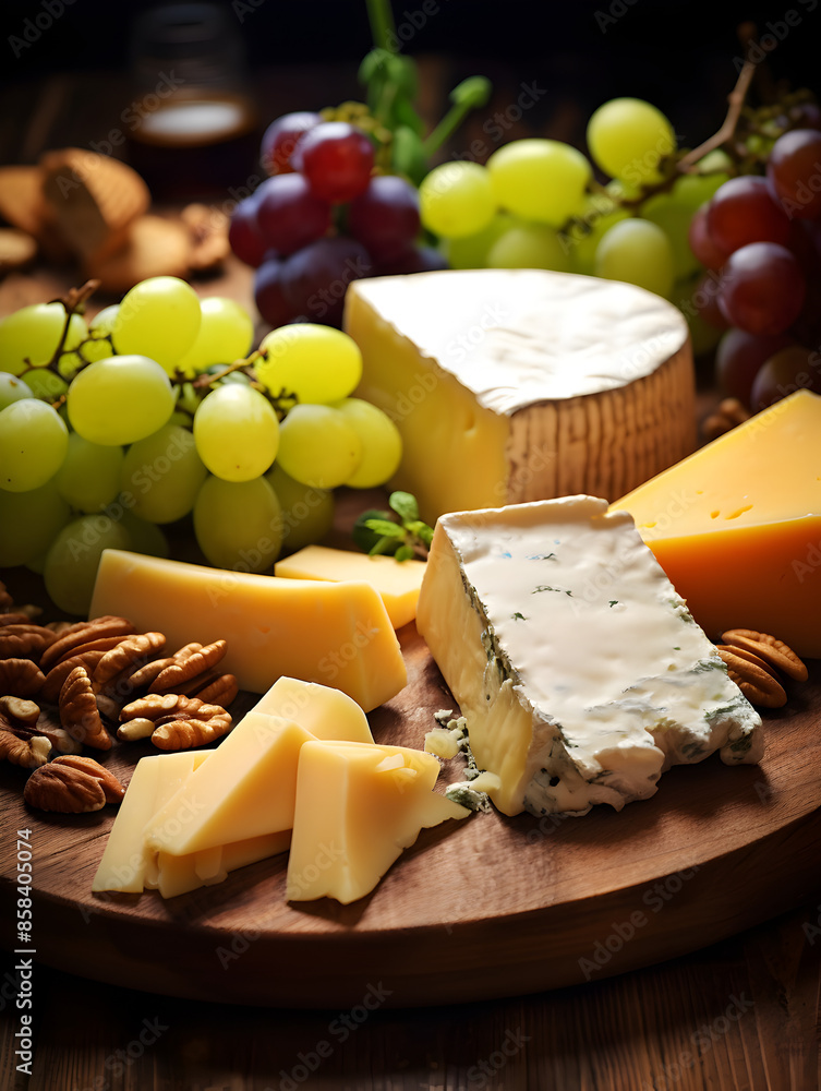 Wall mural Cheese board with various types of cheese, crackers, grapes, and nuts on rustic wooden board