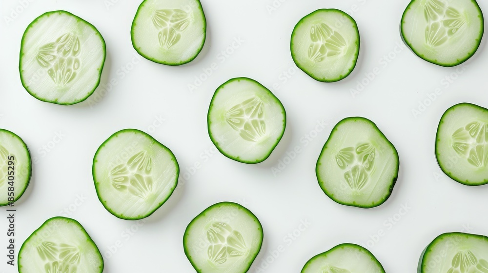 Poster cucumber slices on white background with space for text top view flat lay pattern set of slices