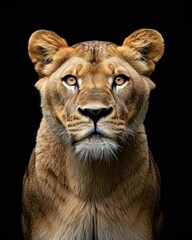 Fototapeta premium Lioness Lion. Closeup Portrait of a Majestic Female Big Cat on Black Background