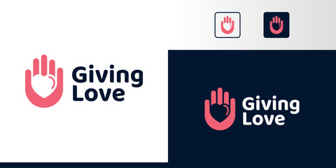 Give Love Logo Design. Hand with line style and heart design graphic symbol icon vector