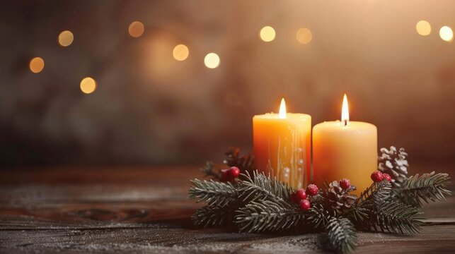 Advent wreath with two lit candles on vintage wooden table