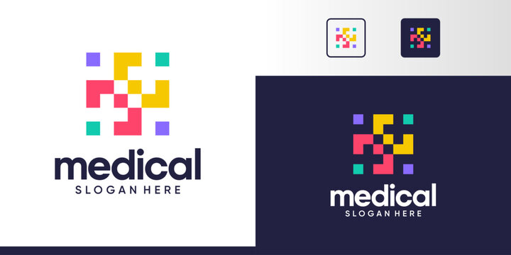 Medical Tech Logo Design. Cross logo with digital pixel colorful logo design graphic symbol icon vector