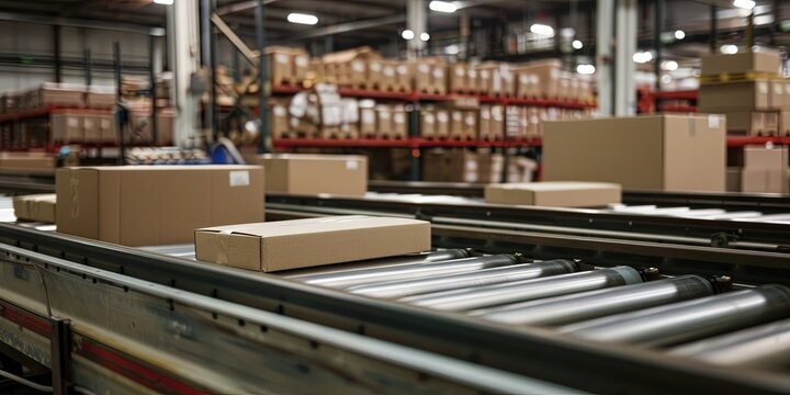 cardboard box packages seamlessly moving along a conveyor belt in a warehouse