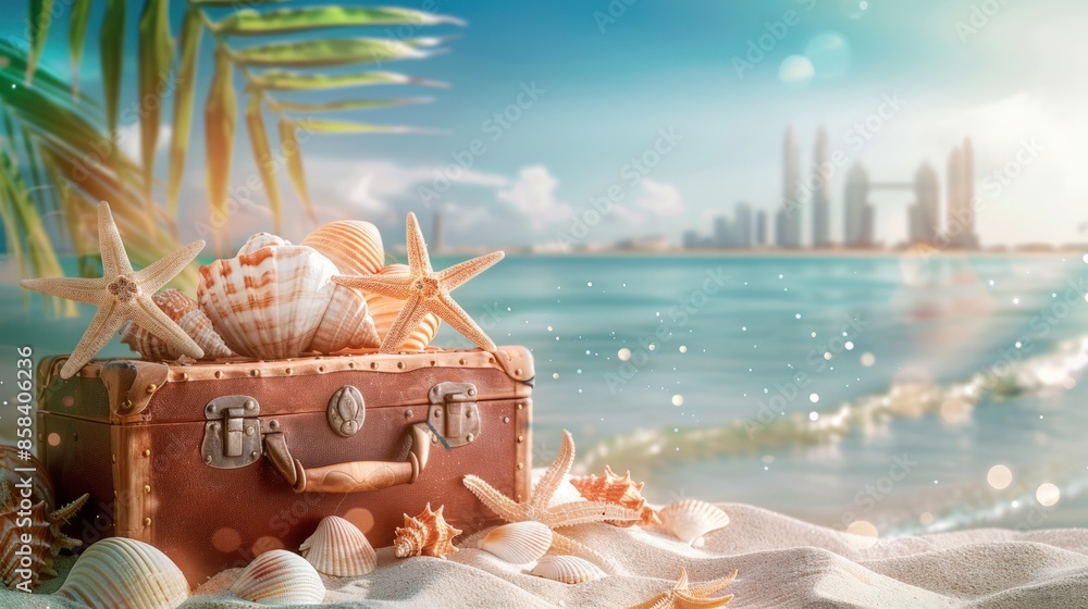 Poster a blue suitcase is on the beach next to a pile of shells and a starfish. generate ai image