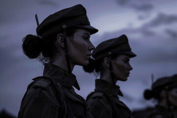 Fototapeta premium Silhouetted soldiers in dark uniforms stand at attention as the sun sets, casting an atmospheric, moody glow over the scene, conveying discipline and resolve.