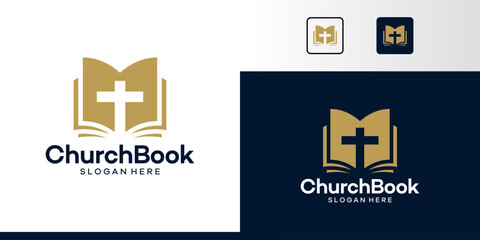 Book logo design with church cross graphic symbol icon vector
