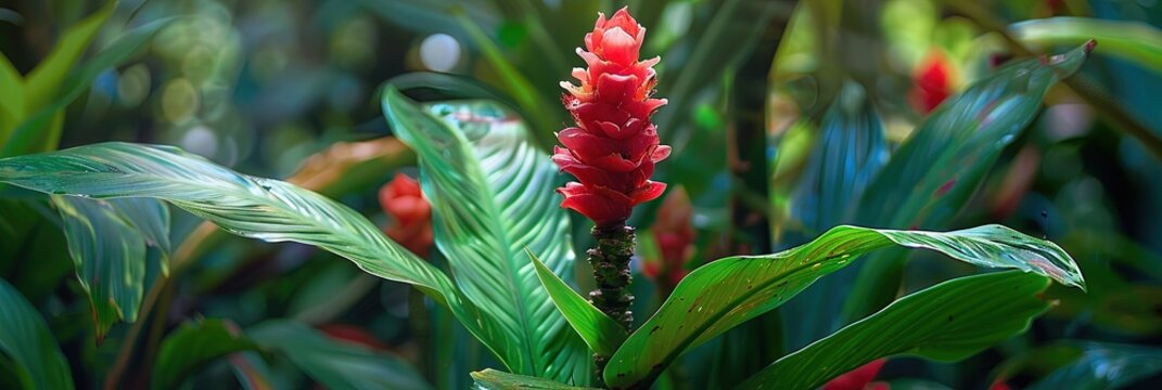 Red Costus woodsonii: The Red Tower Ginger in the lush green rainforest.