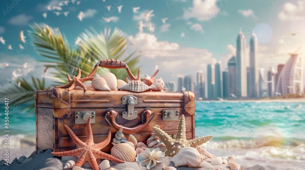 Poster a blue suitcase is on the beach next to a pile of shells and a starfish. generate ai image