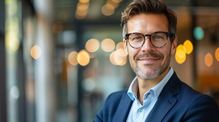 Smiling male office worker headshot, wearing glasses in marketing, finance, it or banking industry.