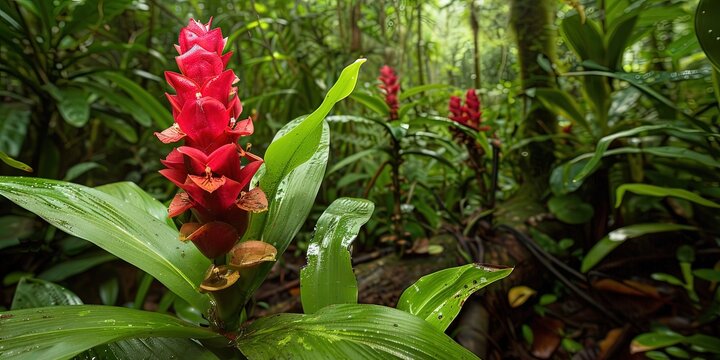 Red Costus woodsonii: The Red Tower Ginger in the lush green rainforest.