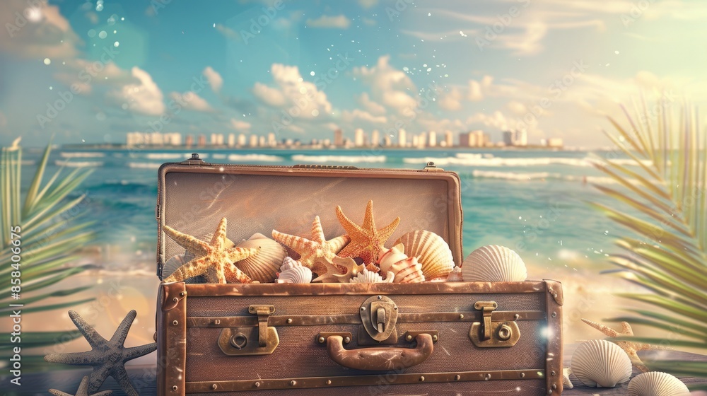 Poster a blue suitcase is on the beach next to a pile of shells and a starfish. generate ai image