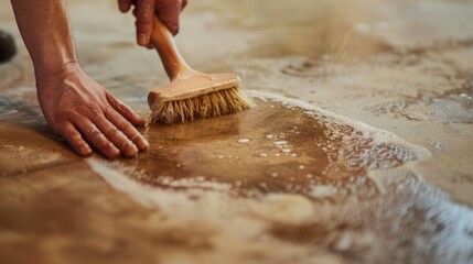 A close-up shot of hands scrubbing stains on the floor with a brush and cleaner, against a clean backdrop suitable for highlighting floor cleaning essentials