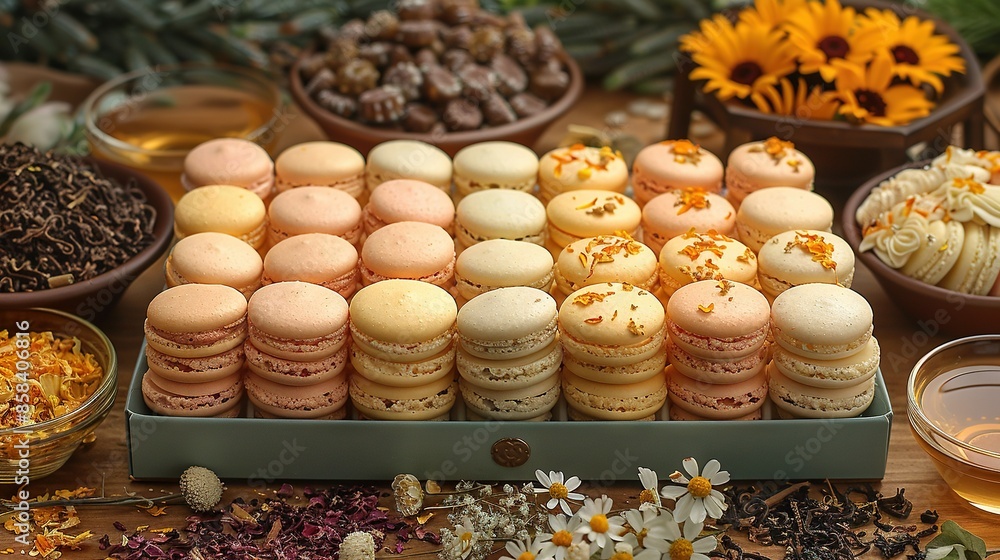Poster a macaron close-up on a table surrounded by more macaroons