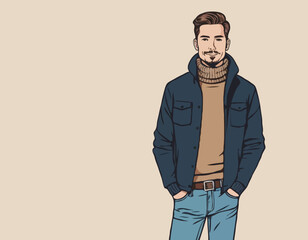Character with Coffee Wears Cozy Layers, Like Turtleneck Shirt, Jacket, Paired With Jeans Or Chinos And Stylish Boots
